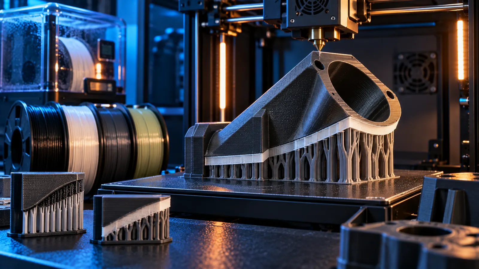 Dark engineering 3D printed part on supports with a light support-interface layer inside an enclosed printer
