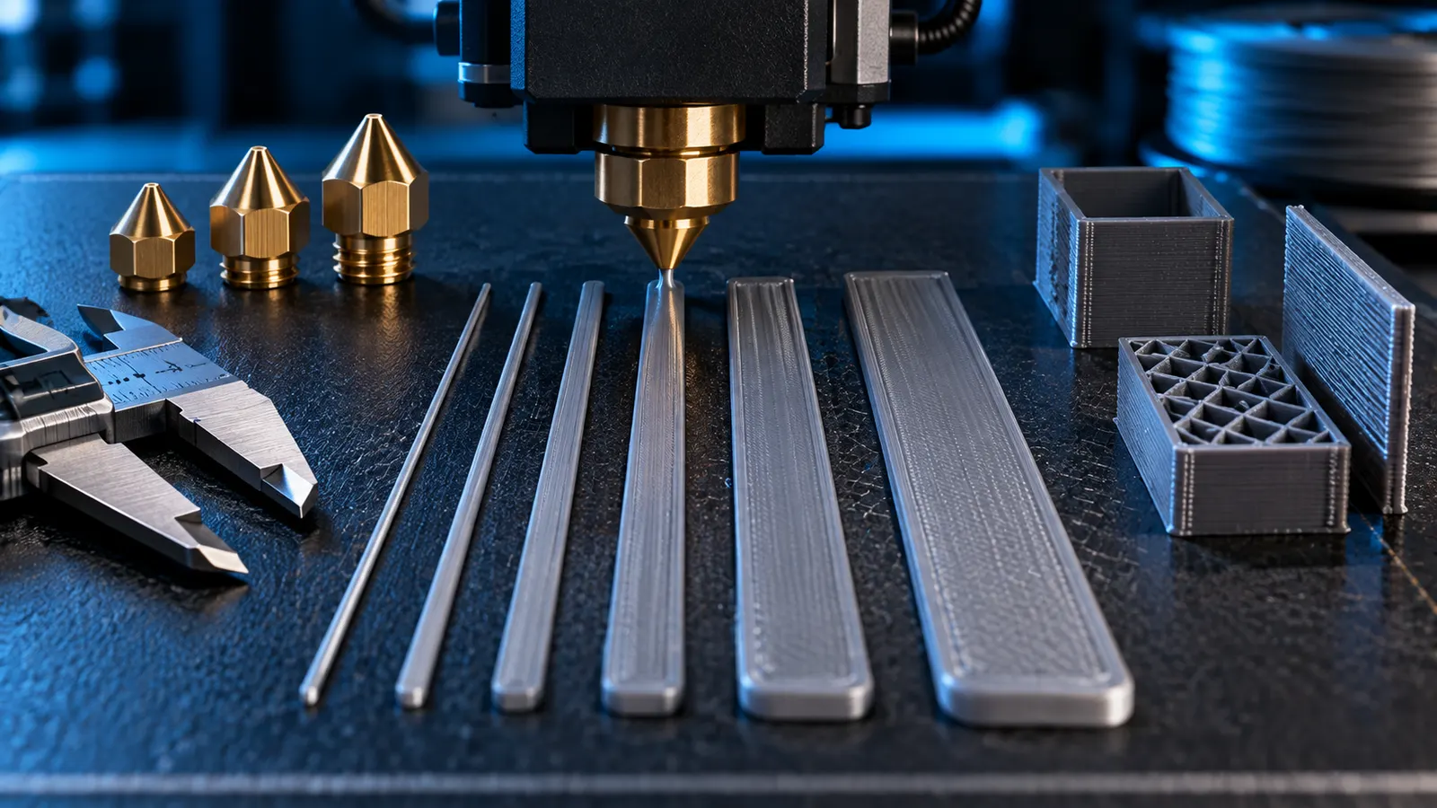 3D printer nozzle above test lines of different widths with spare nozzles and a caliper