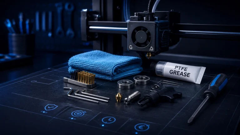 Modern 3D printer maintenance workspace with tools, hotend parts and lubrication supplies