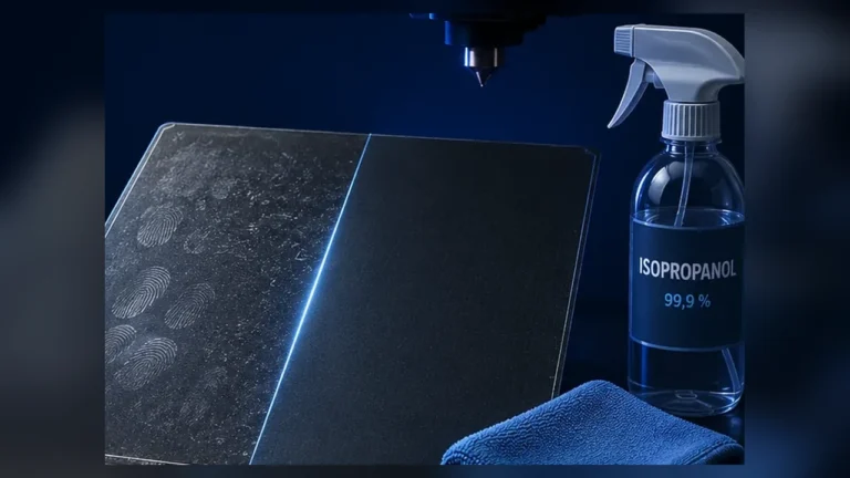3D printer build plate with fingerprints, cleaning cloth and isopropyl alcohol