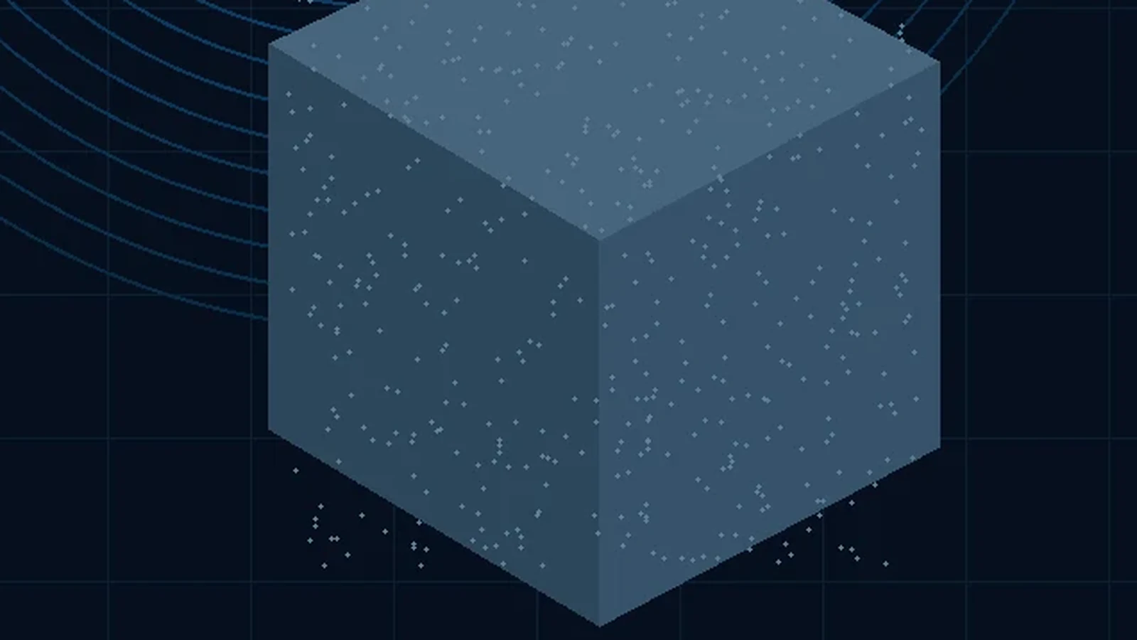 Minimal matte 3D printed cube graphic with soft surface texture on a dark technical background
