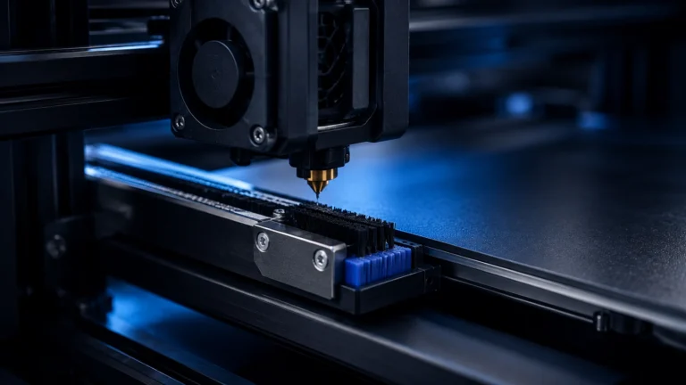 Close-up of a 3D printer nozzle above a nozzle wiper and build plate