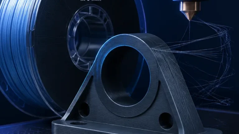 PETG filament spool, hotend and technical 3D printed part in a dark blue workshop scene