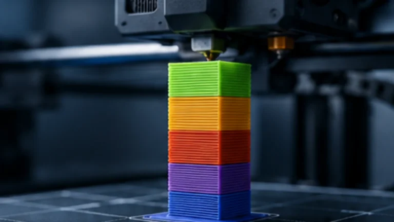 Multi-material 3D print with a compact prime tower beside the model