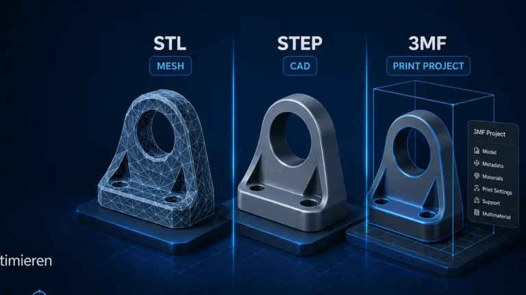 Three representations of a technical part illustrating STL mesh, STEP CAD geometry and a 3MF print project