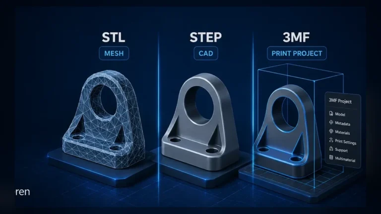 Comparison of STL mesh, STEP CAD geometry and 3MF print project representations