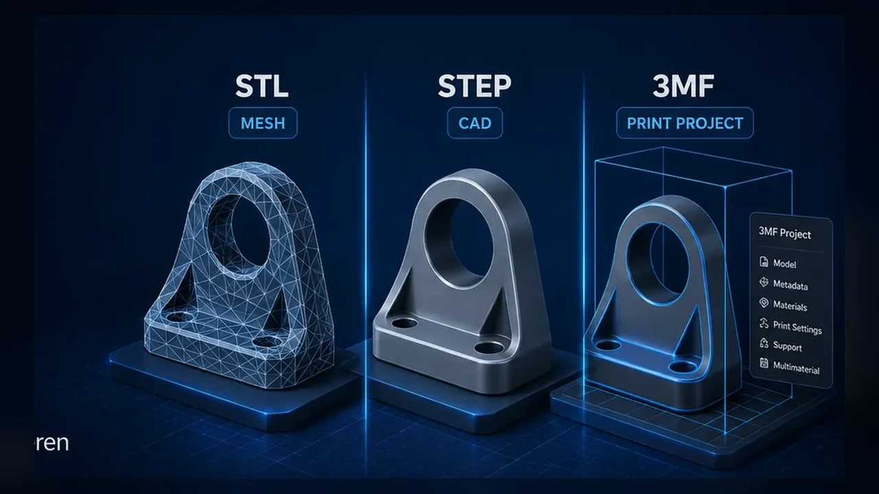 Comparison of STL mesh, STEP CAD geometry and 3MF print project representations