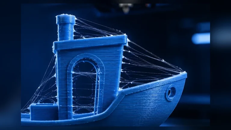 Blue 3D printed part showing visible stringing between separated features